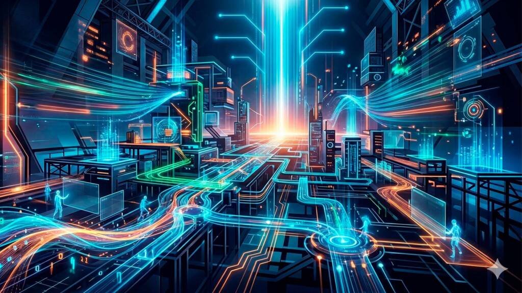 Ilustración futurista de una fábrica de software con flujos de datos luminosos, circuitos digitales y equipos tecnológicos interconectados, simbolizando la escalabilidad y transformación digital empresarial
