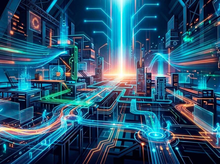 Ilustración futurista de una fábrica de software con flujos de datos luminosos, circuitos digitales y equipos tecnológicos interconectados, simbolizando la escalabilidad y transformación digital empresarial