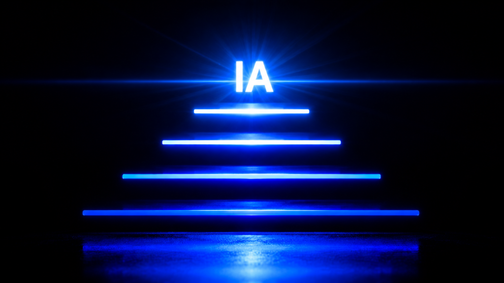 Jerarquía de niveles de luz azul eléctrica sobre fondo negro representando los niveles de inteligencia artificial